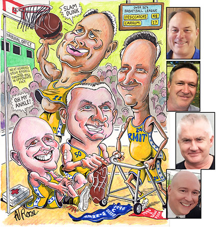 colour handpainted caricature 4 members of basketball team