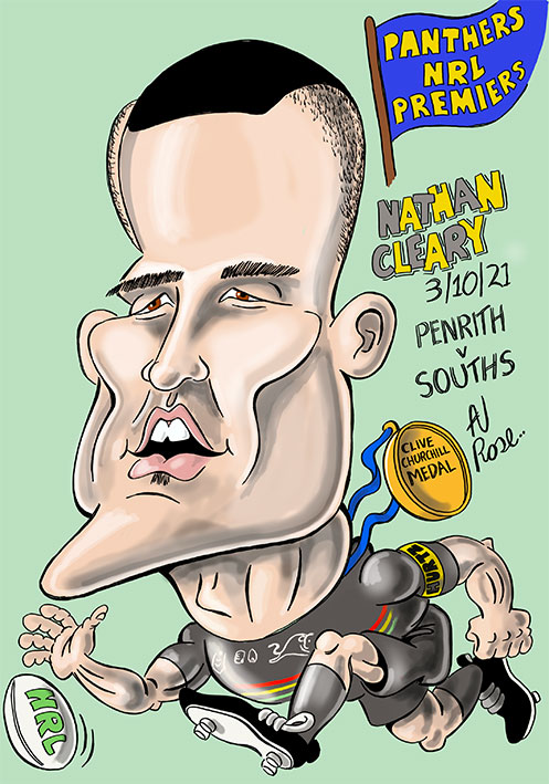 colour caricature - Nathan Cleary - Captain Penrith Panthers NRL premiers 2021