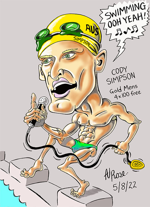 colour caricature, Cody Simpson Gold Medal 4x100 free, Birmingham Comm Games '22